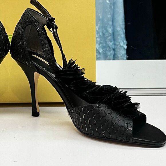 Max Studio Vintage Deadstock Black Serita Fishskin Open Toe Strappy Pump - Picture 3 of 12